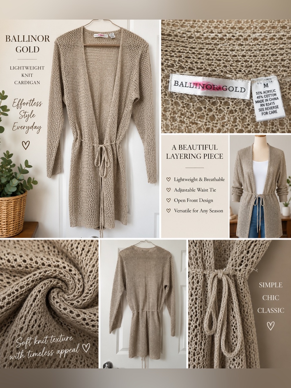 Ballinor Gold Womens M Beige Open Knit Cardigan Duster Tie Waist Long Sleeve